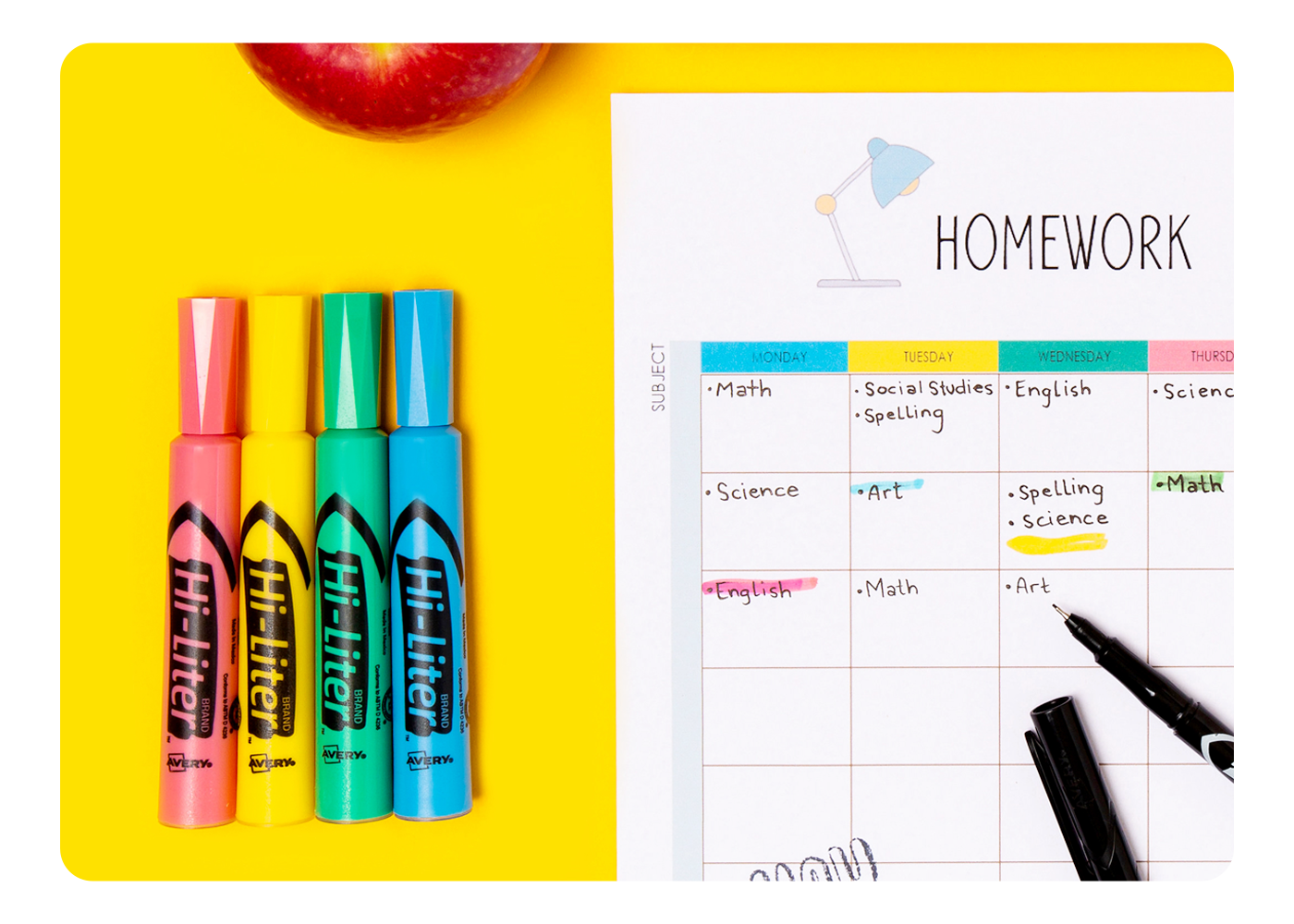 A school calendar showing a homework schedule color-coded with Avery highlighters