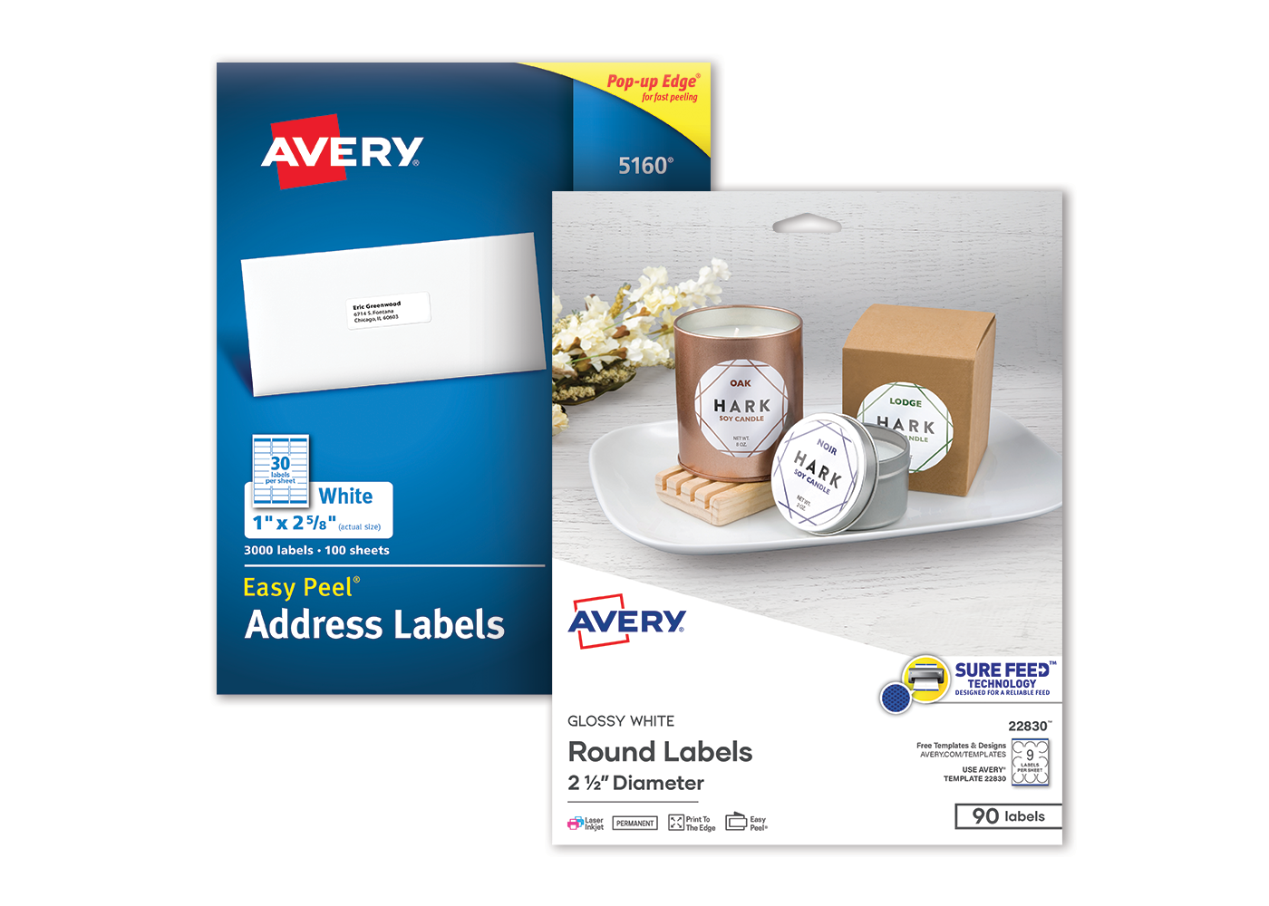 Two packs of Avery labels, including address labels and round labels.