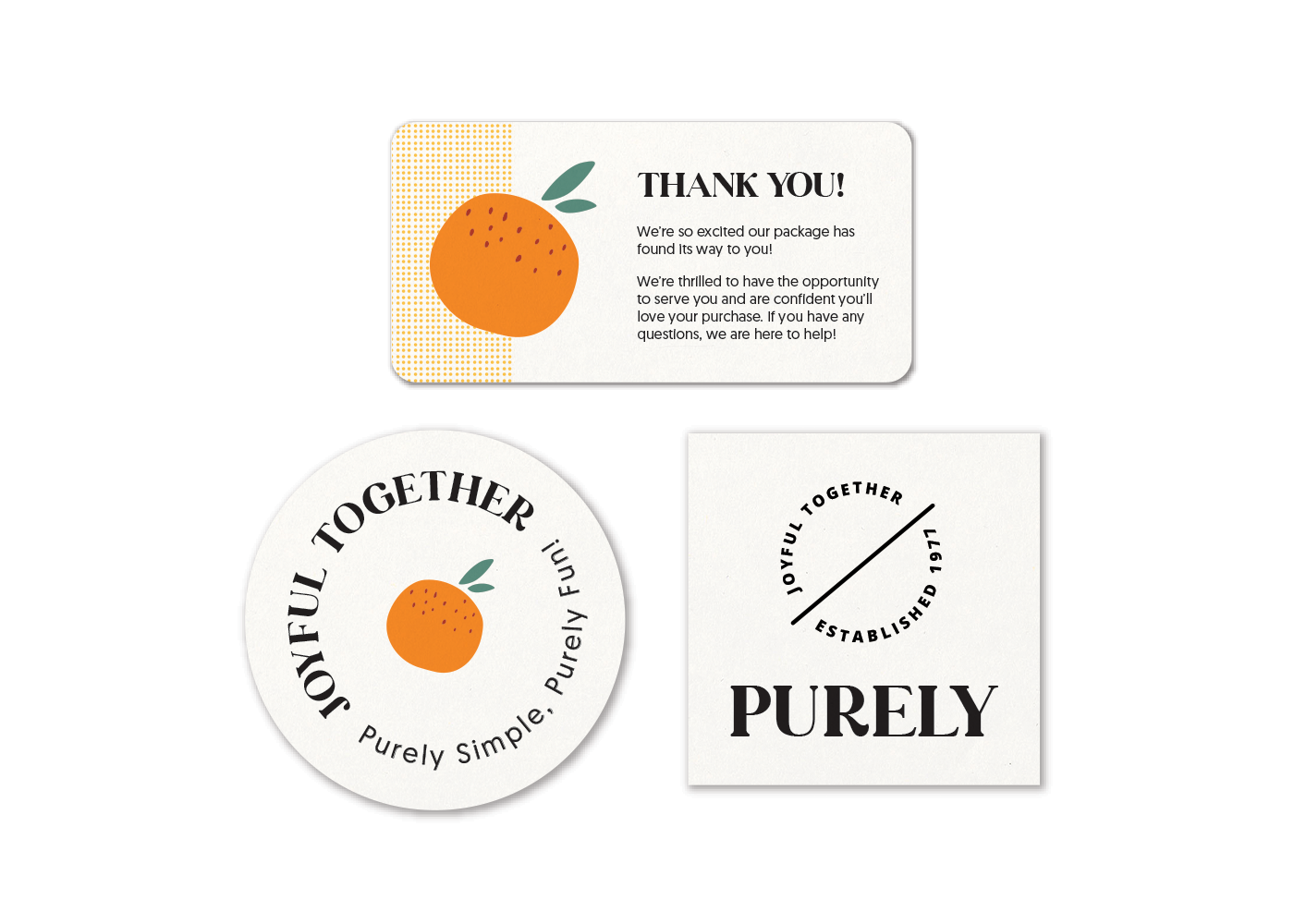A small business design with an orange fruit logo applied to Avery labels of various shapes and dimensions