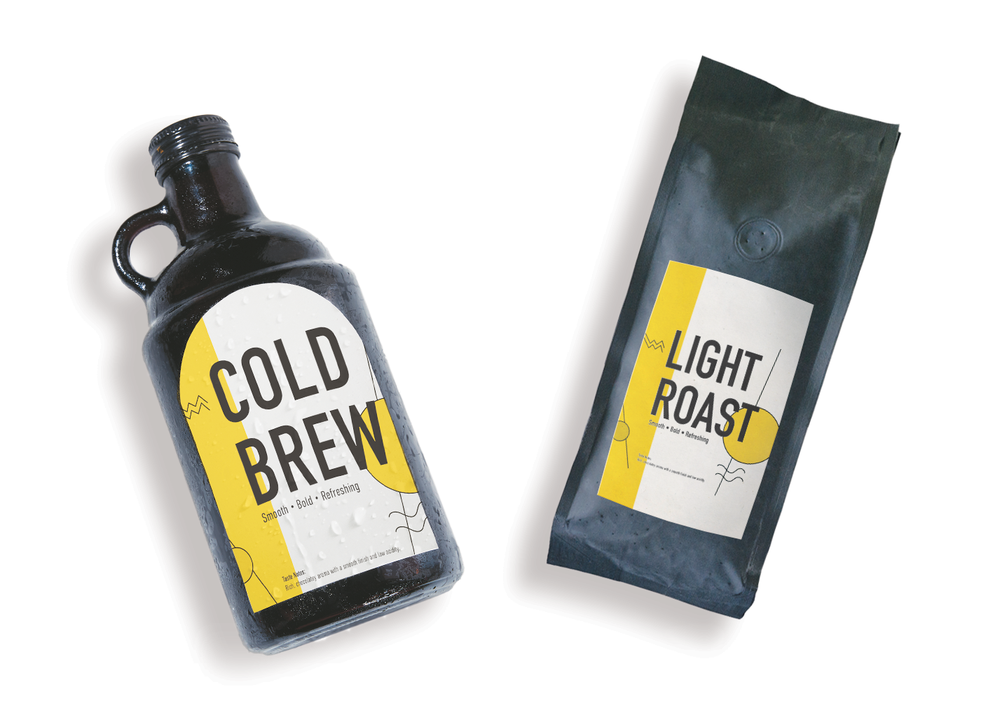 A cold brew brand's design applied to Avery labels for bottles and pouches