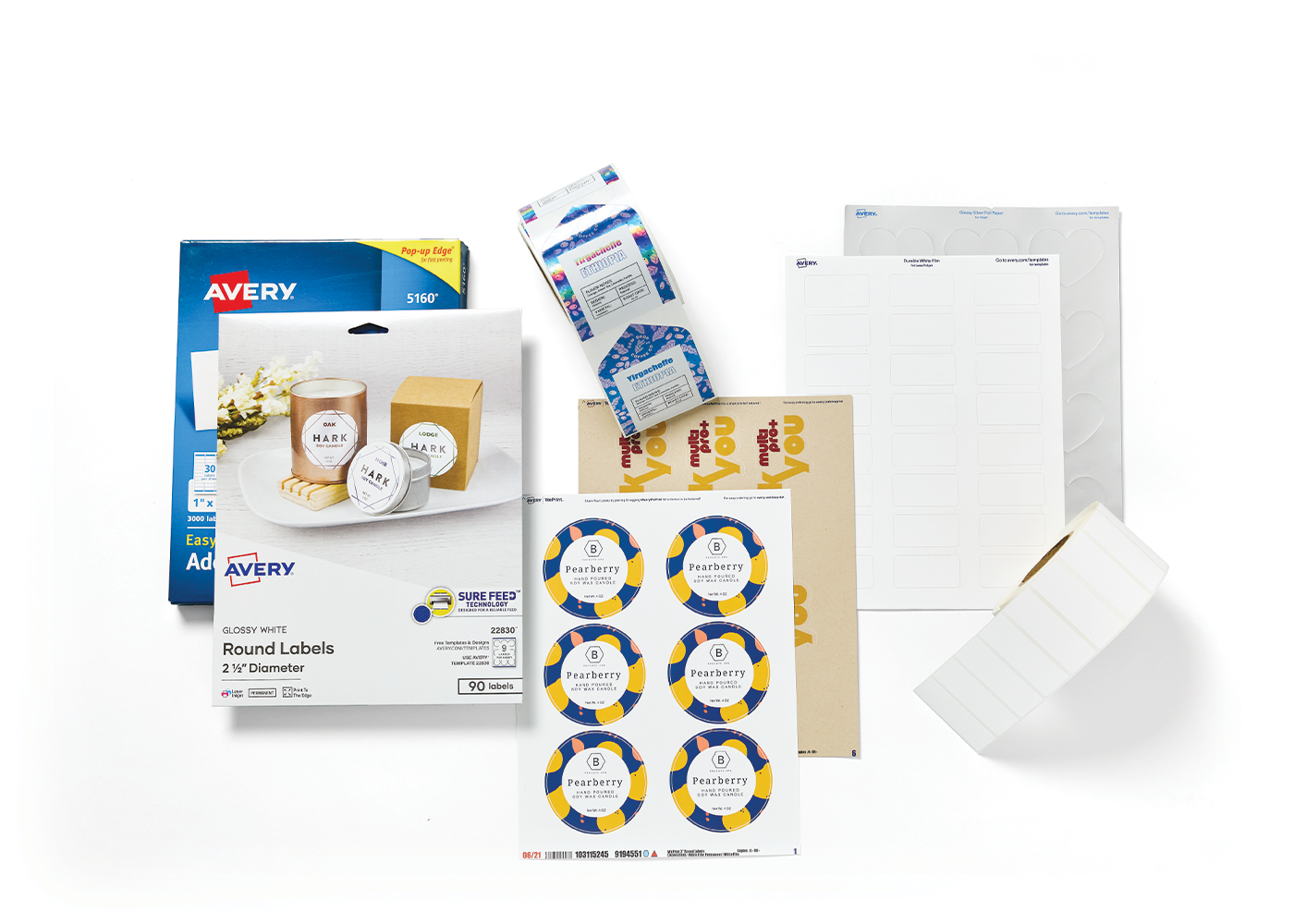 An array of Avery labels in various sizes and shapes, including rolls, sheets, and boxes