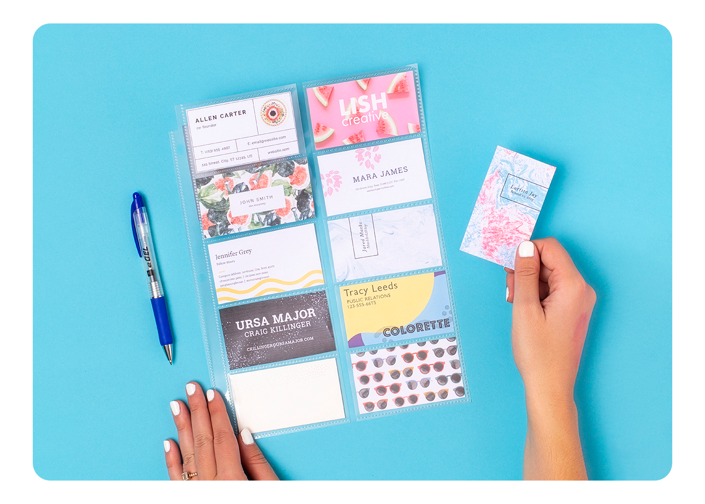 A collection of colorful business cards in Avery business card pages
