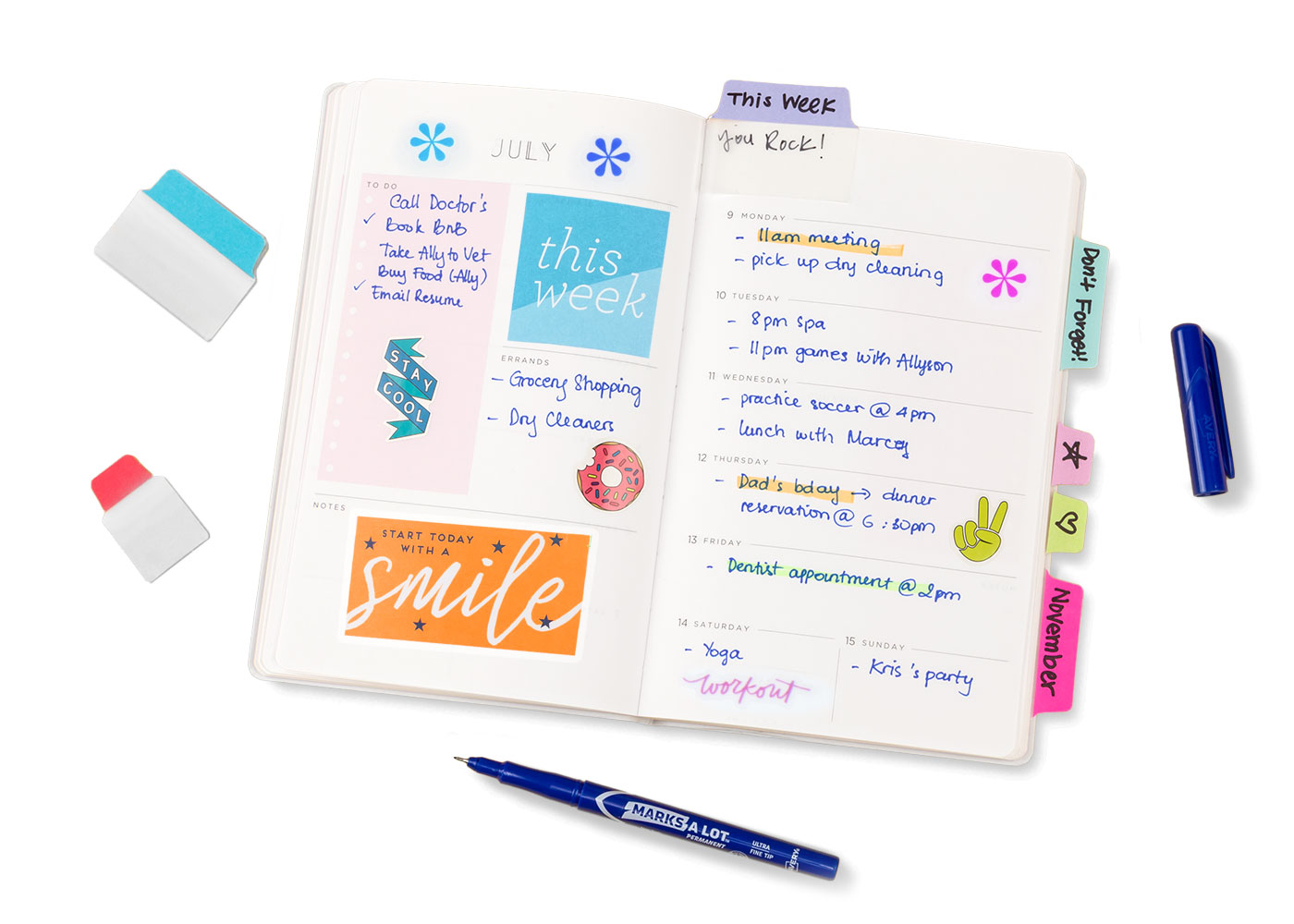 Planner with Avery page tabs marking sections for work, clients, and home tasks